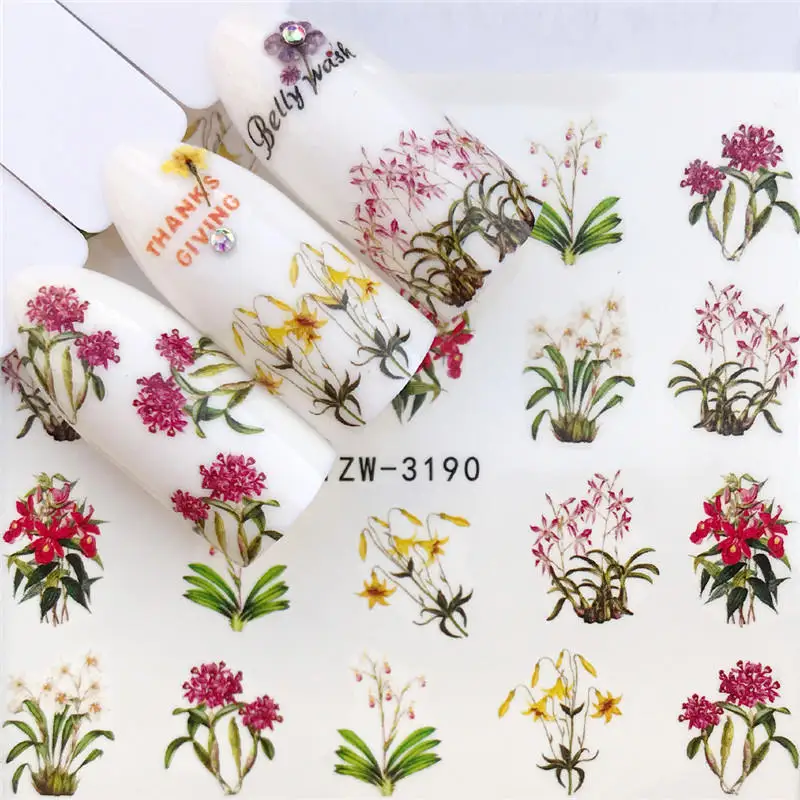 WUF 1 PC Colorful Flower / a bunch of flowers Water Transfer Nail Art Sticker Beauty Red Maple Leaf Decal Nails Art Decorations - Color: YZW-3190