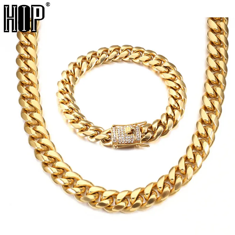 

1set 12MM Necklace + Bracelet Hip Hop Iced Out Rhinestone Clasp Gold 316L Stainless Steel Cuban Chain Necklaces For Men Jewelry