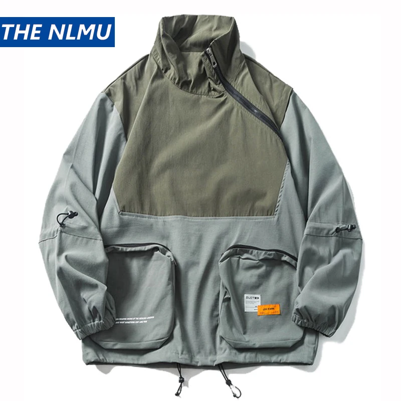 

Harajuku Jackets Men Streetwear Patchwork Jacket Turtleneck Windbreaker Big Pocket Diagonal Zipper Coat Male Hip Hop HZ039