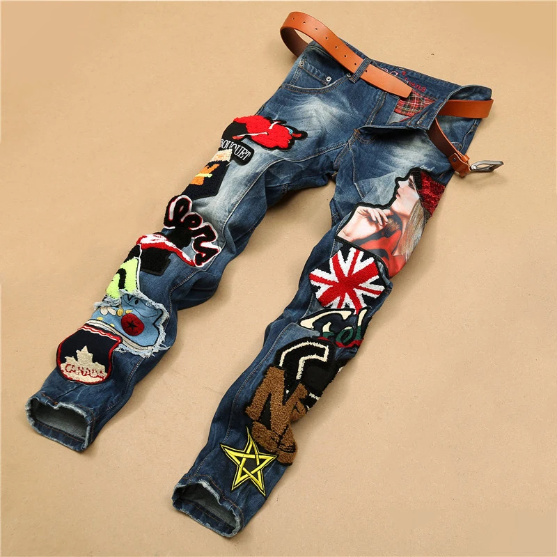 

ABOORUN Men's Fashion Skinny Beauty Patchwork Jeans US Flag Letters Embroidery Jeans Brand Jeans Joggers for Male R1273