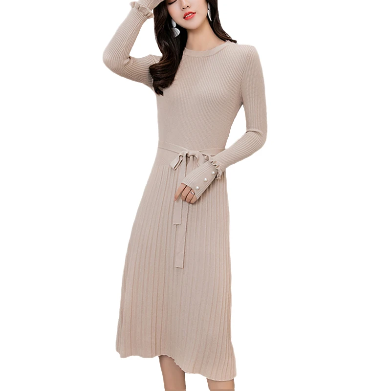 

Sweater Dress Ruffle Long Sleeve Knitted Dress Women Autumn Winter Clothes Casual Knee Length Dress 2019 New Fashion GRNSHTS