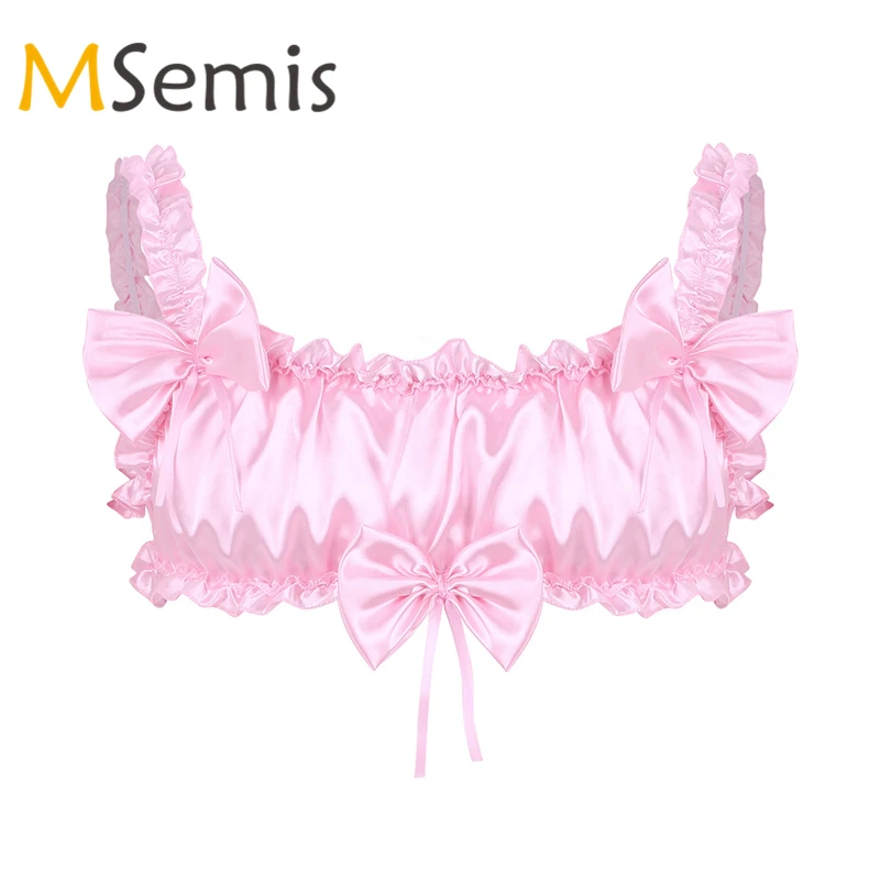 

Sissy Gay Mens Lingerie Soft Satin Exotic Tanks Crop Top Nightwear Ruffled Frilly Bowknot Elastic Wide Straps Wire-free Bra Top