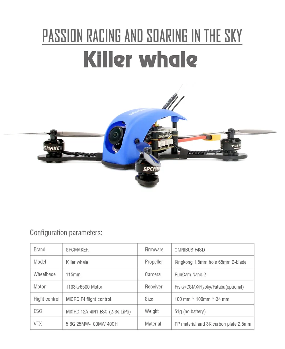 SPC Maker KillerWhale 115 мм F4 Whoop FPV гоночный Дрон PNP BNF w/1103 8500KV Runcam Nano 2 камера