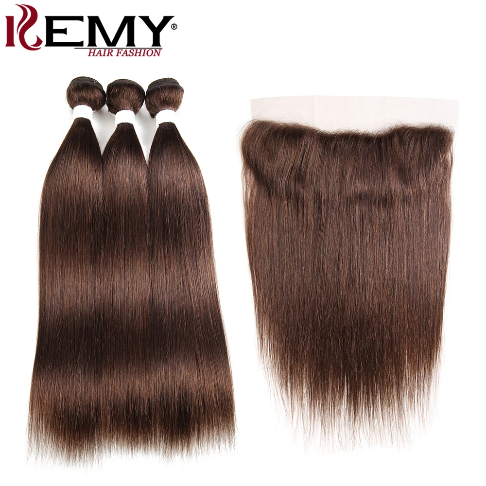 

Medium Brown Brazilian Straight Human Hair Bundles With Frontal 13*4 KEMY HAIR Pre-Colored 100% Non Remy Human Hair Bundles