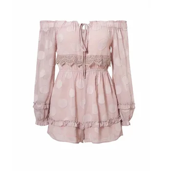 

Women Vintage Chiffon Rompers Sexy Off Shoulder Polka Dot Playsuit Ruffles Lace Up Short Jumpsuit
