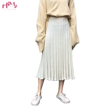 Модные женские трикотажные плиссированные юбки осень зима однотонные с высокой талией женские Элегантная длинная юбка женские трапециевидные миди юбки