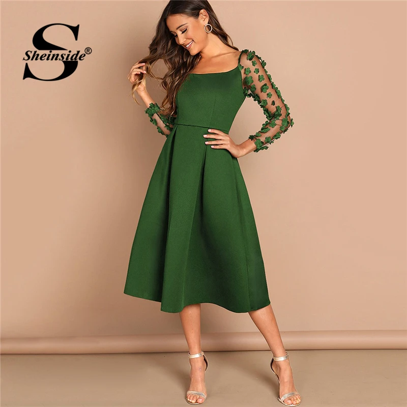 

Sheinside Green Flower Applique Mesh Sleeve Box Pleated Dress For Women Square Neck Evening Party Dresses 2019 Lady Spring Dress