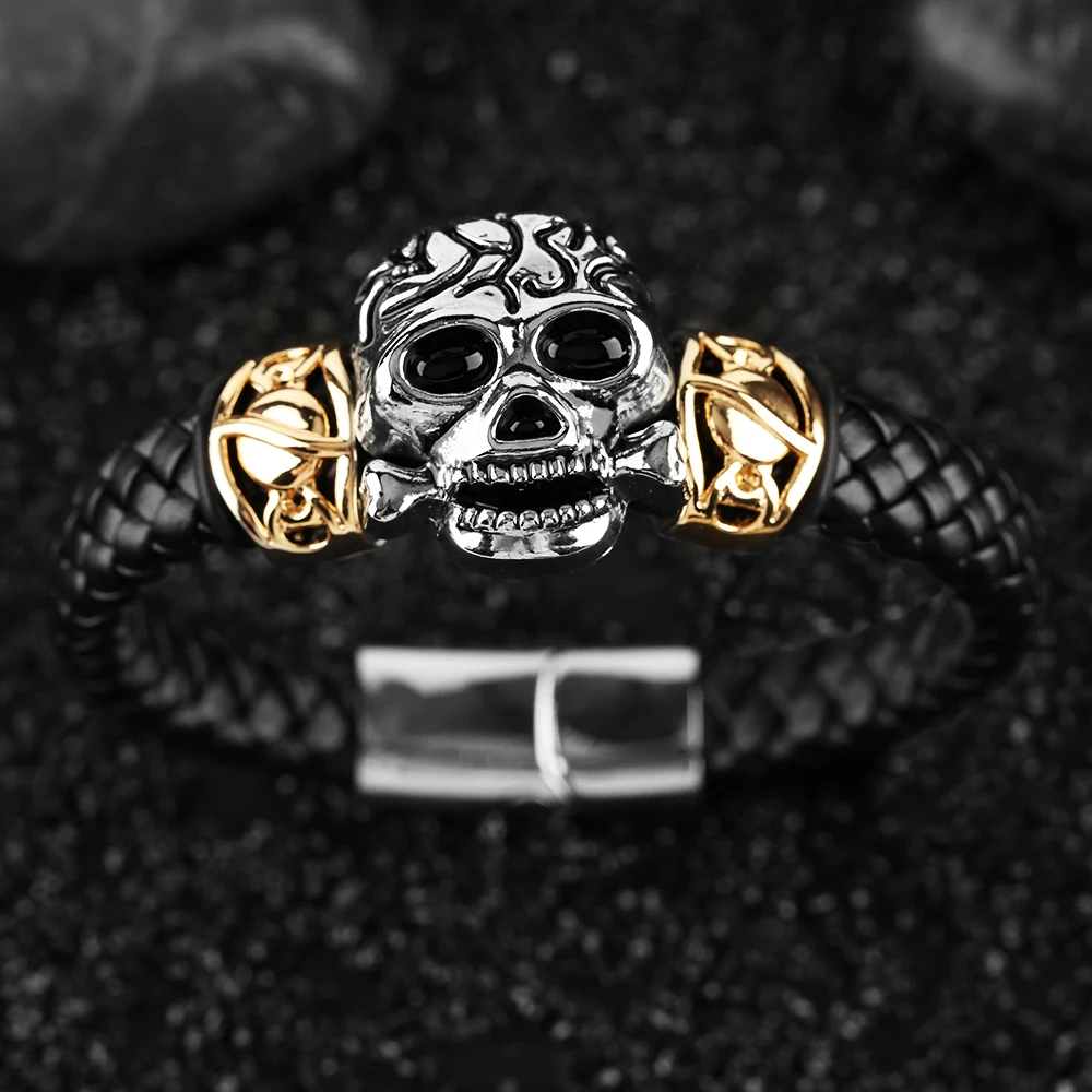 Lion Skull Eagle Punk Woven Bracelets Men Hot Sale Charm Bracelet Male Steampunk Skeleton Bangle Chain Black Leather Bangles (19)