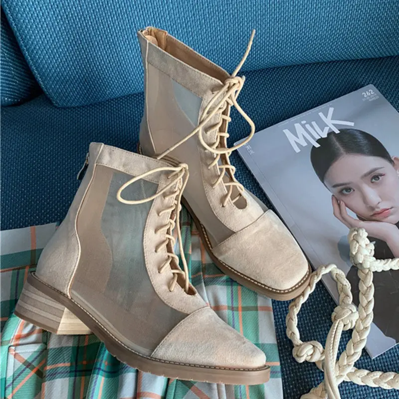boots women    botas mujer feminina Suede mesh stitching lace-up women's boots square toe platform boots