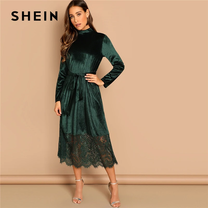 SHEIN Бархатное Платье С Поясом Элегантное Длинными Рукавами И Кружевом Осеннее
