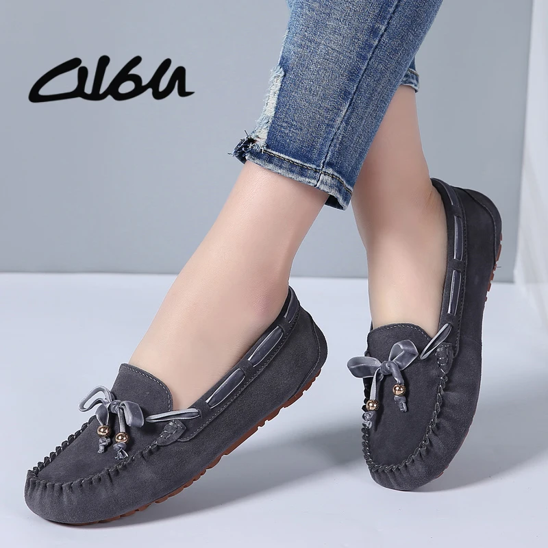 

O16U 2018 Women Ballet Loafers Flats Shoes Suede Leather Slip on Ladies Moccains Boat Shoes Knot Riband Shallow Casual Shoes