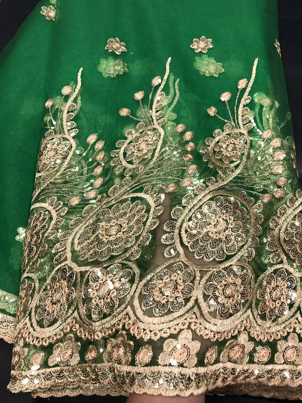 Green and Gold Sequined African French Mesh Net Lace Fabric for India