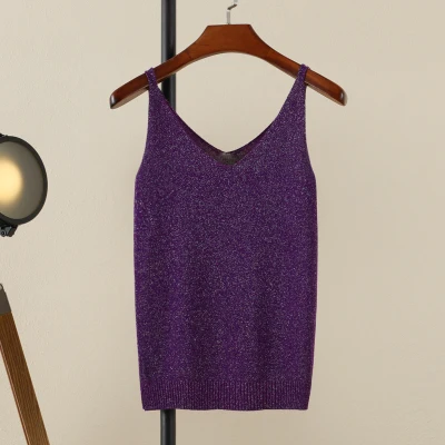 D00356 dark purple 17 цветов новая весенняя Сексуальная ВЯЗАНАЯ МАЙКА с бретельками Женская тонкая однотонная Серебряная футболка с v-образным вырезом женская укороченная Повседневная накидка без рукавов Блузка - Цвет: D00356 dark purple