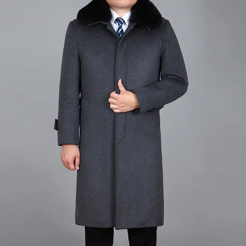 2020 New Men Wool Long Coat Winter Cashmere Overcoat Real Rabbit