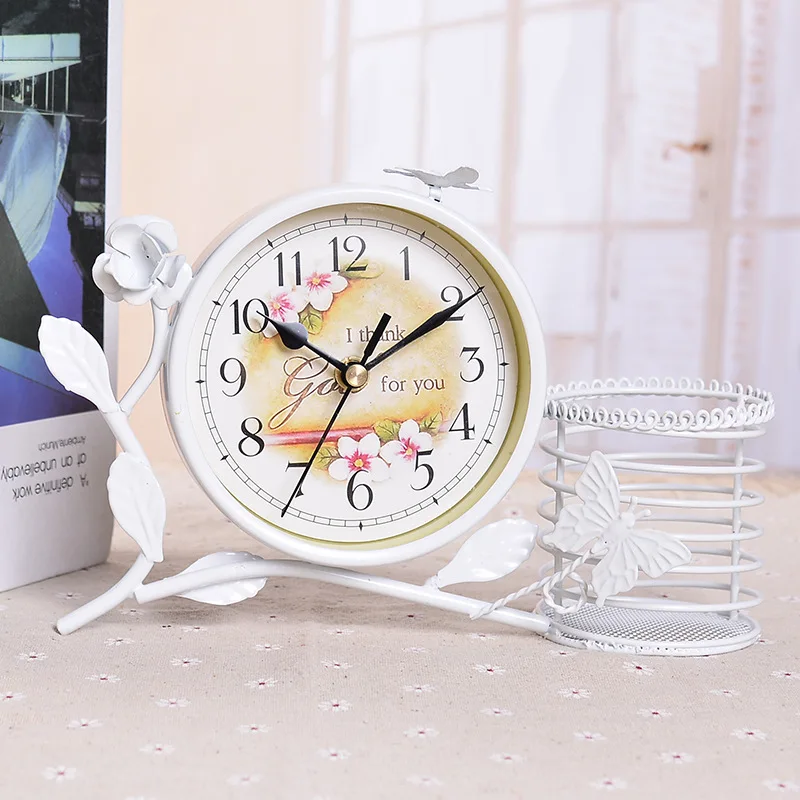 

TUDA Free Shipping Iron Table Clock Flower Clock Metal Table Clock Home Crafts Mute Clock Brush Pot