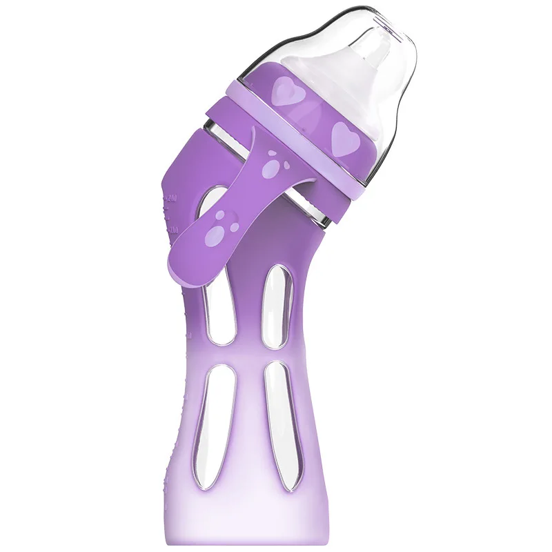 Детская стеклянная бутылка анти-падение силиконовый широкий калибр бутылочка для новорожденных изоляция интеллектуальный контроль температуры Бутылка - Цвет: 240ML Purple