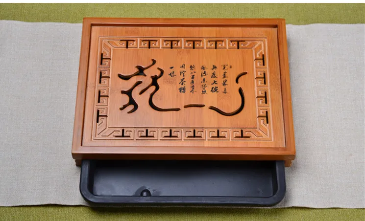  Hot Sale Flower Carving Kung Fu Tea Set Natural Wood Bamboo Tea Tray Rectangular Traditional Bamboo