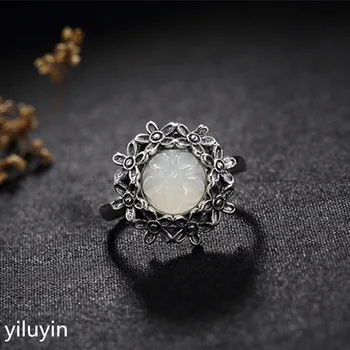 

KJJEAXCMY boutique jewelry S925 Sterling Silver Antique inlaid and Tian Yu White Jade Flower lady high-end open ring ring