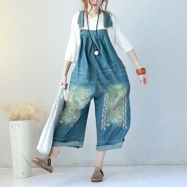 HOT Fashion Women Girls Loose Embroidery Jumpsuit Strap Dungaree Denim Trousers Ladies Overall Pants Casual Playsuits Plus Size (5)