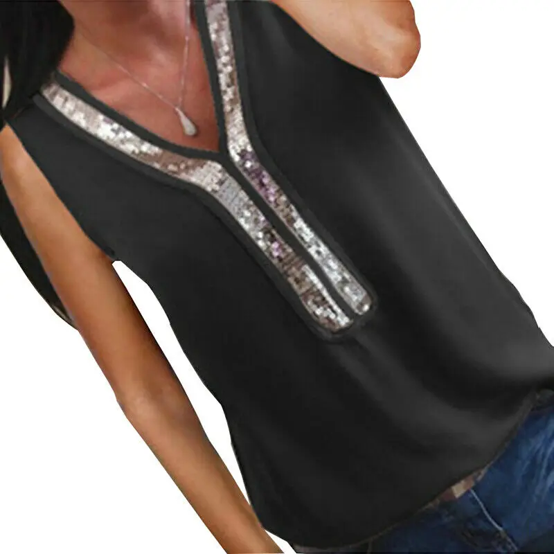 Женская шифоновая блузка с v-образным вырезом и пайетками, летняя блузка без рукавов, офисные женские блузки, топы больших размеров, S-2XL blusa feminina - Цвет: Черный