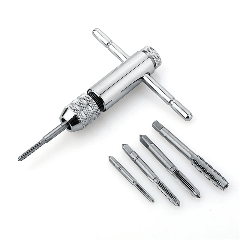 

T-Handle Ratchet Tap Wrench with 5pcs M3-M8 Durable 3-8mm Machine Screw Thread Metric Plug Tap Machinist Hand Tool