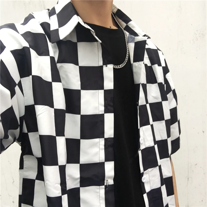 

Harajuku Fashion Black White Plaid Women Shirt Retro Cotton Loose Short Sleeve Couple Shirts Checkerboard Summer Shirts