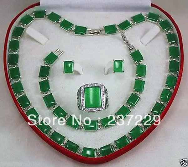 

FREE SHIPPING>>@> Wholesale price FREE SHIPPING aBeautiful green jade necklace bracelet earring ring Jewellery set size 9-11# Na