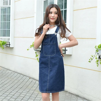 

Women Denim Suspender Midi Jean Overalls Skirt Girls Streetwear Preppy Style Skirt Female Classic Adjustable Strap Skirt AA60189