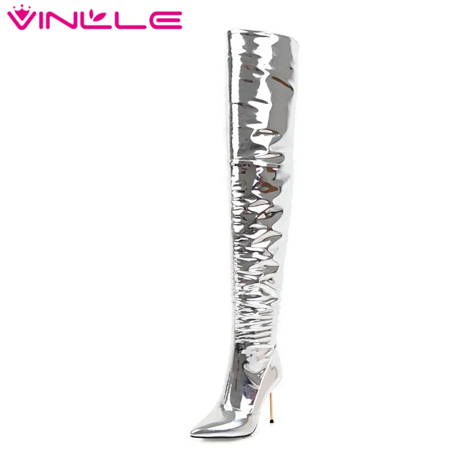 

VINLLE 2019 Super Thin High Heel Women Over The Knee High Boots Platform All Match Sexy Women Motorcycle Boots Size 34-43