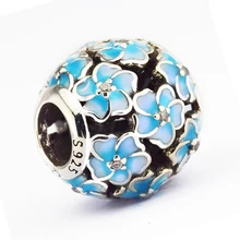 Fit Pandora Браслеты DIY бусины для изготовления ювелирных изделий Стерлинговое Серебро-ювелирные изделия синий Плюмерия цветок шарик Серебро 925 шармы Berloque