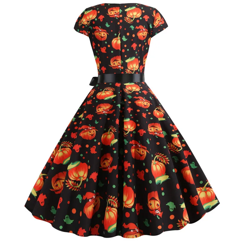 Pumpkin Print Halloween Dress Women Summer O Neck Short Sleeve Party Dress robe femme Elegant Vintage Dresses Plus Size