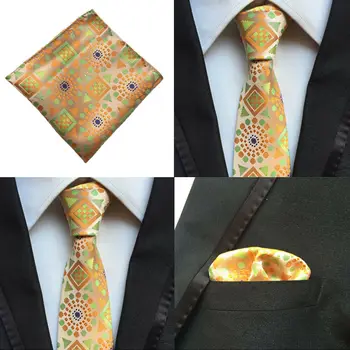 

Men Orange Green Geometric Necktie Pocket Square Handkerchief Set Lot HZTIE0136