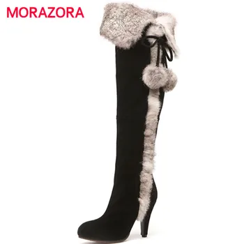 

MORAZORA 2018 new fashion pointed toe super high heel women boots short plush cow suede leather boots zipper over the knee boots