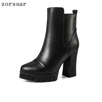 

{Zorssar} Platform High heel Woman Ankle Boots Soft leather Women Motorcycle boots Winter Plush Female Booties Platform boots