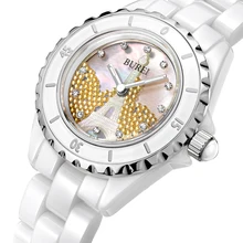 BUREI Women Business Watch Ceramic Band Analog Crystal Rhinestone Quartz Waterproof Wristwatch Lady Dress Clock Montre Femme