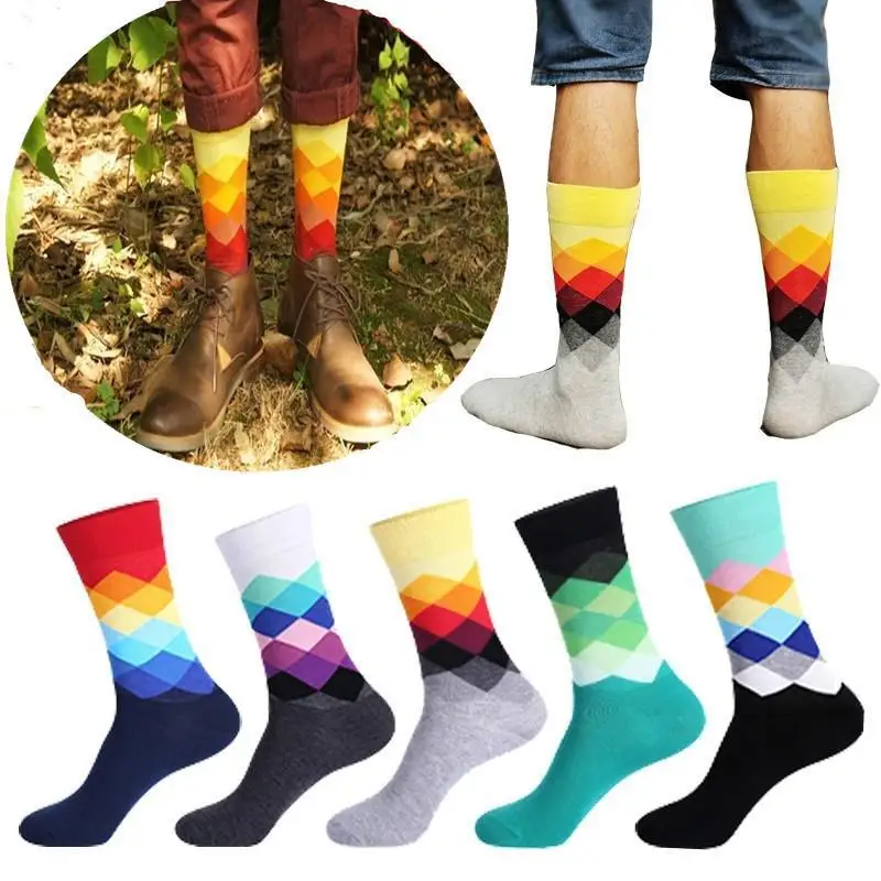 2018 trendy MenColorful Gradient Geometry Crew Sock Happy British Men's