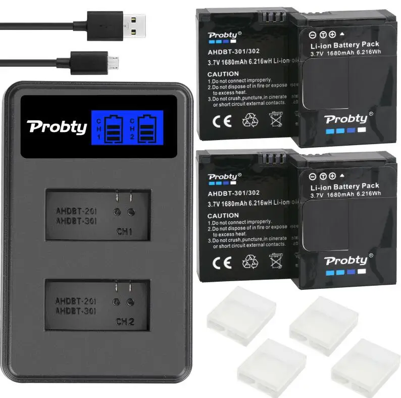 Original probty For GoPro Hero3 Hero3+ hero 3 hero 3+ battery +LCD dual charger for go pro AHDBT-301 action camera accessory remote battery Batteries