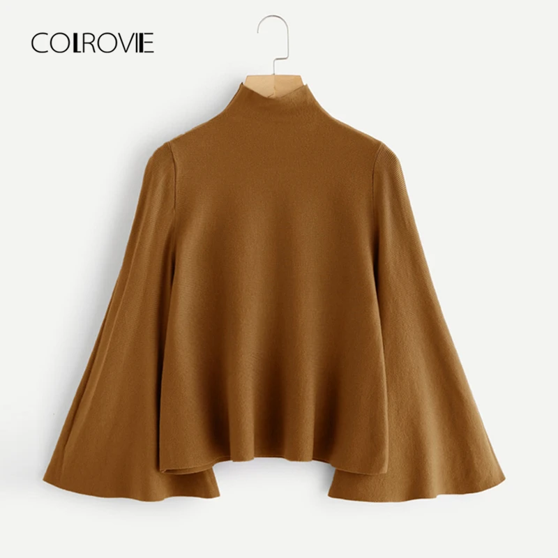 COLROVIE Black Casual High Neck Flounce Camel Women Sweater 2018 Autumn Green Solid Stretchy Sweater Classic Pullovers Jumper