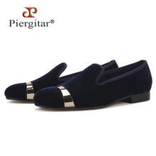 Piergitar/новые стильные мужские темно-синие бархатные туфли ручной работы с золотым металлическим носком; модные вечерние мужские лоферы для свадьбы и банкета