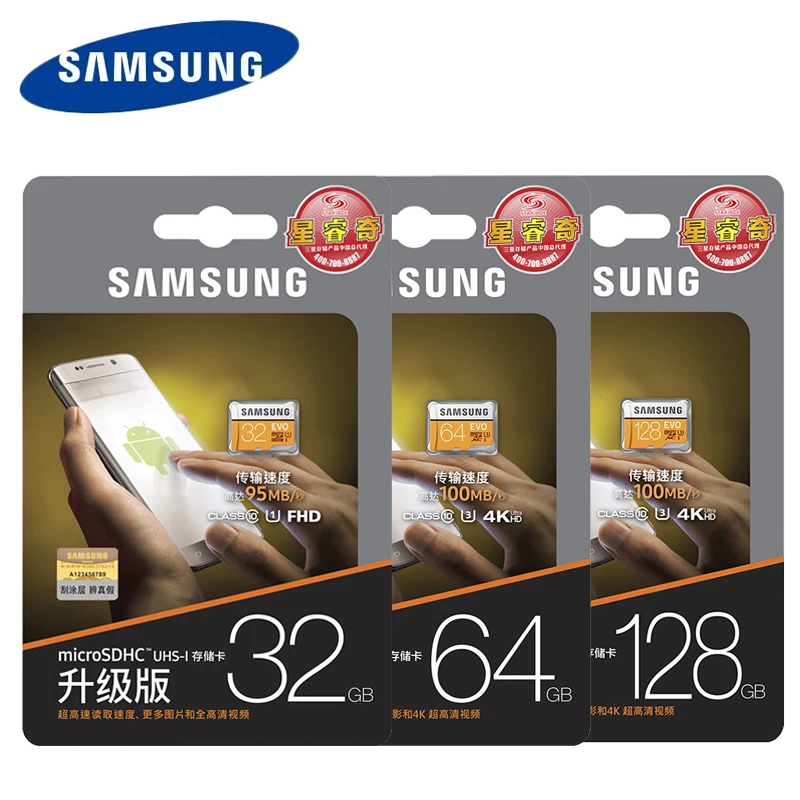 Карта памяти MicroSD SAMSUNG EVO micro SD Card 64 г 128 U3 в формате 4K UHD, Class10 UHS-I 100 МБ/с. SDXC карты флэш-памяти 32 Гб U1 FHD SDHC 95 МБ/с. TF карты