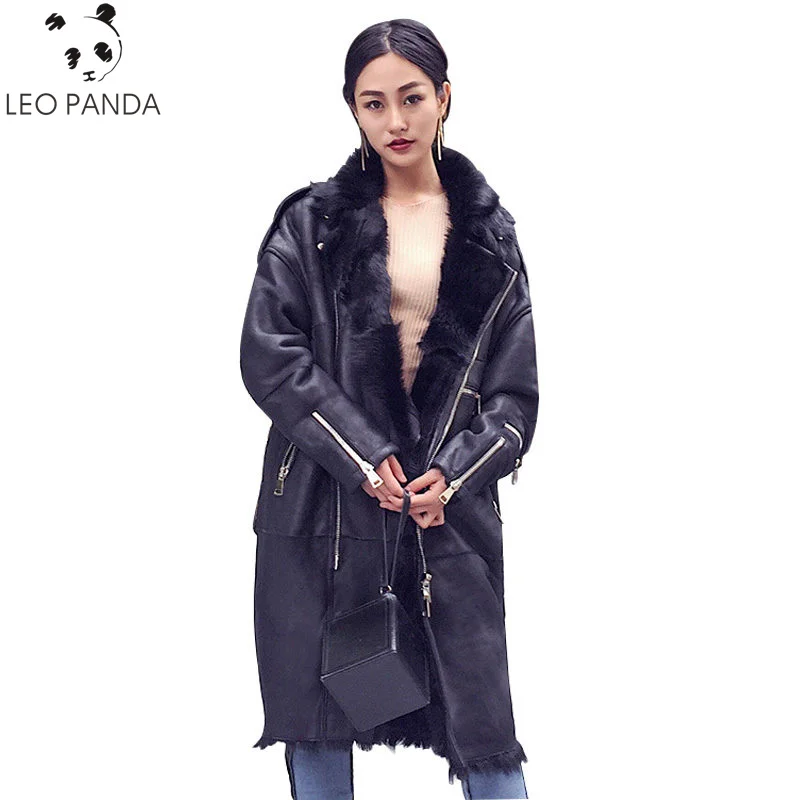 

2019 winter real fur jacket coat women long Genuine Leather warm thick Sheep Fur liner Double-faced Fur parka oversize