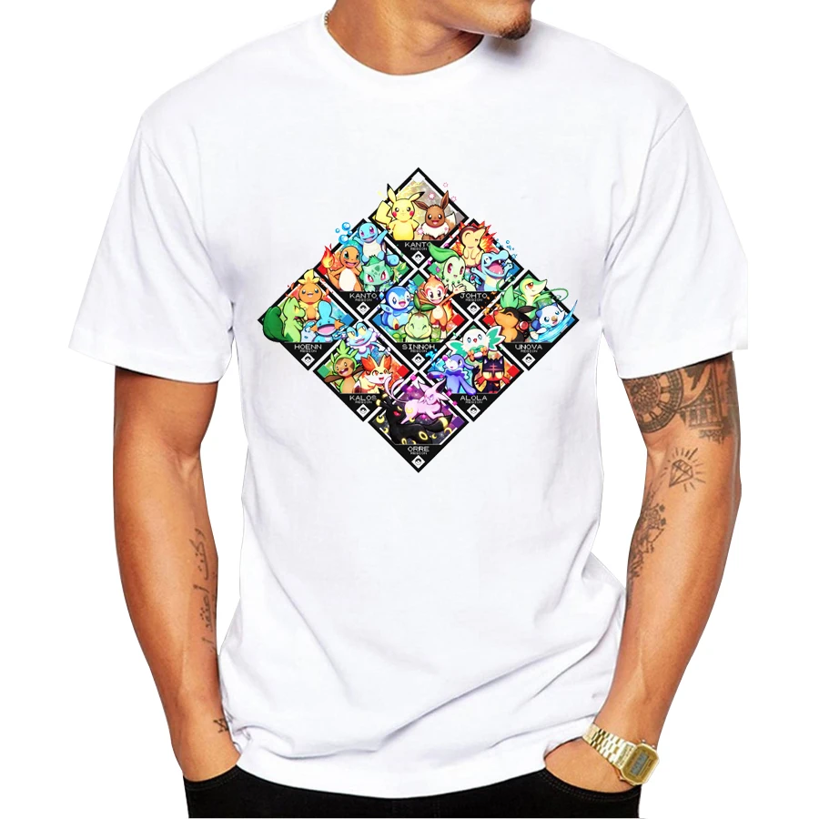2017 New Arrivals Men Fashion Alola Starter T-shirt Short Sleeve t shirts Poke-Starters Printed Funny Comics tee tops | Мужская одежда