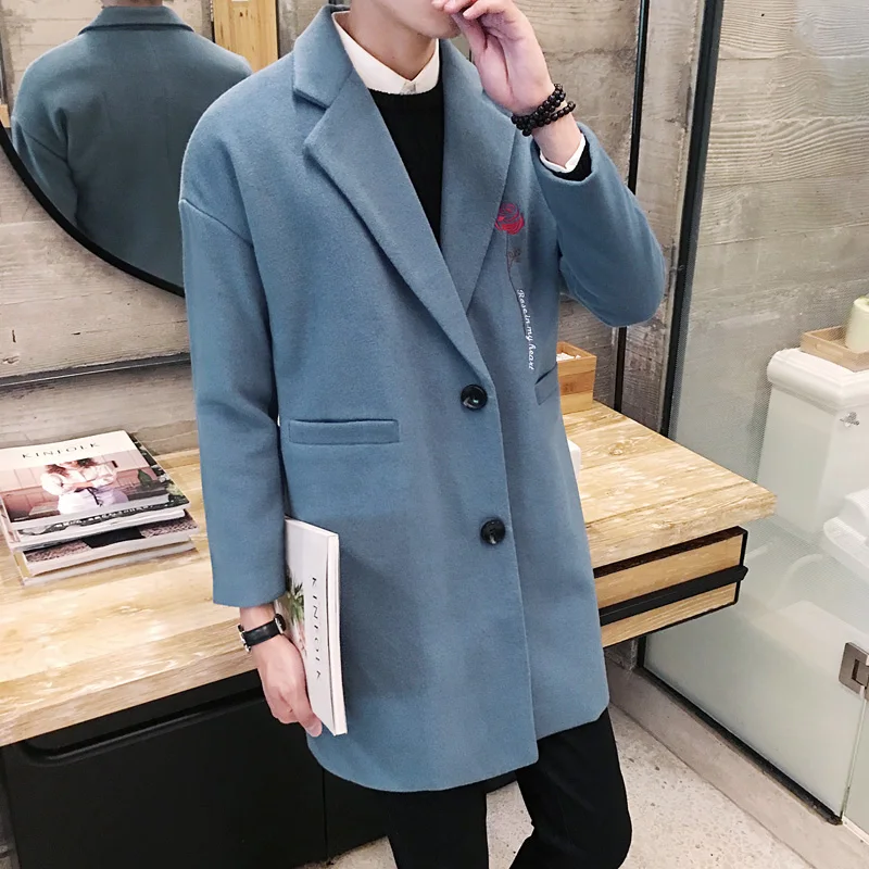 

Autumn Winter Long Trench Men's Casual Loose Embroidery Fashion Jacket Men Solid Color 100% Polyester New Woolen Jacket Coats