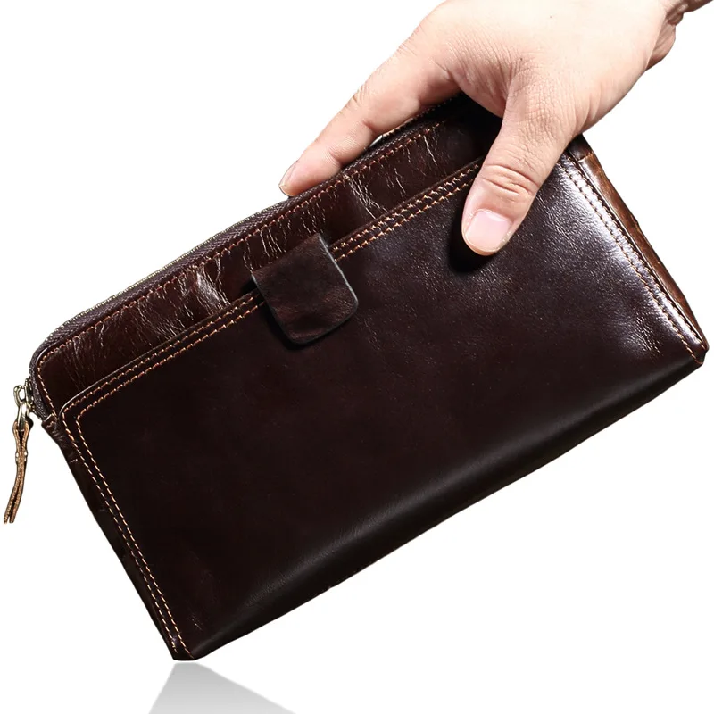 

New Fashion Business Men's Long Wallets Natural Real Leather Male 100% Cow Genuine Leather Cash Purses Clutch Men Card Holders