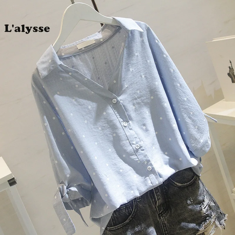 Женская блузка в горошек LALYSSE хлопковая льняная большие размеры 3xl лето 2019 |