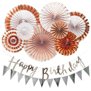 

Rose Gold Paper Fan Hanging Decorations Set with Silver Happy Birthday Banners Pennant Banners for Party Supplies Baby Shower