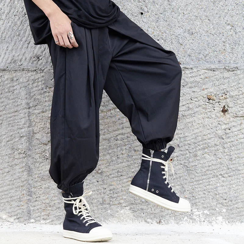 

Men Hip Hop Punk Male Elastic Waist Loose Trousers Japan Style Dark Black Casual Harem Pant Streetwear