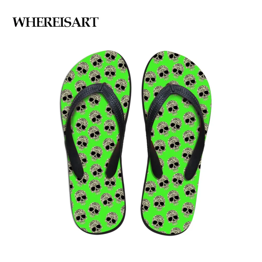

WHEREISART Indoor Slippers Unisex Green Slippers Skull Head Print Flip Flops For Women Sandals Shower Slides Daily Wear Pantufa