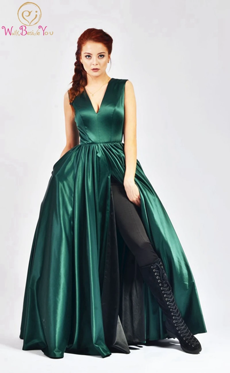 

Hunter Green Evening Dresses V Neck A Line Sleeveless Formal Long Women Plus Size Simple Split Empire Stain Prom Party Gowns