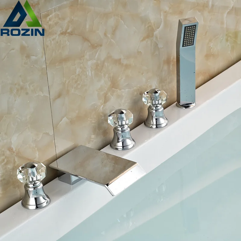 Polished Chrome Widespread 5pcs Bathroom Tub Faucet Set Deck Mount 5 Holes Waterfall Tub Mixer Taps